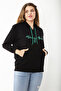 Women's Large Size Black Hooded Kangaroo Pocket Sweatshirt 65N37184 - 2