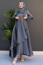 Stone-Embellished Organza Evening Dress Dark Gray - 4