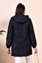 Women's Zippered Large Size Elastic Sleeve Trenc Dark Blue - 7