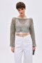 Khaki Boat Neck Perforated Knitwear Blouse