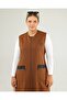 Women's Long Sleeveless Zippered Vest Ottoman Brown with Leather Pockets - 4