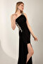 Women's Black One-Shoulder Stone Long Evening Dress - 3