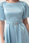 Women's Baby Blue Balloon Sleeve, Stone Belted Mini Satin Evening Dress - 4