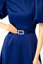 Women's Sax Balloon Sleeve, Stone Belted Mini Satin Evening Dress - 2