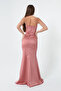 Women's Salmon Strap Slit Long Satin Evening Dress & Graduation Dress - 5