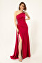 Women's Fuchsia One-Shoulder Stone Long Evening Dress - 3