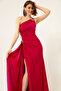 Women's Fuchsia One-Shoulder Stone Long Evening Dress - 2