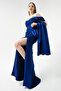 Women's Cobalt Slim Fit Boat Neck Slit Long Satin Evening Dress - 2