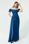 Women's Indigo Boat Neckline Long Satin Evening Dress & Graduation Dress - 4