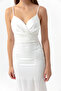 Women's White Strap Slit Long Satin Evening Dress & Graduation Dress - 4