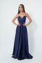 Women's Navy Blue Satin Long Evening Dress & Graduation Dress with Rope Straps and Waist Belt - 2