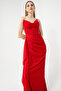 Women's Red Chest Draped Slit Silvery Evening Dress - 3