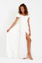 Women's White Boat Neck Trained Long Satin Evening Dress & Graduation Dress - 4