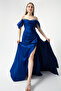Women's Cobalt Slim Fit Boat Neck Slit Long Satin Evening Dress