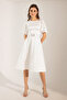 Women's White Balloon Sleeve Stone Belted Mini Satin Evening Dress