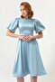 Women's Baby Blue Balloon Sleeve, Stone Belted Mini Satin Evening Dress - 2