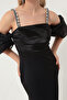 Women's Black Princess Sleeve Bead Strap Organza Midi Evening Dress - 4