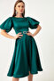 Women's Emerald Green Balloon Sleeve Stone Belted Mini Satin Evening Dress - 3