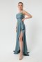 Women's Blue Flounce Slit Satin Evening Dress & Graduation Dress - 2