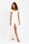 Women's White Boat Neck Trained Long Satin Evening Dress & Graduation Dress - 2