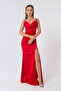Women's Red Strap Slit Long Satin Evening Dress & Graduation Dress - 3