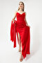 Women's Red Chest Draped Slit Silvery Evening Dress - 2