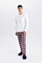 Pajama Set Crew Neck Long Sleeve Basic Plain Top Checkered Elastic Waist Bottom D0943Ax24Wn
