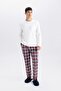 Pajama Set Crew Neck Long Sleeve Basic Plain Top Checkered Elastic Waist Bottom D0943Ax24Wn - 3