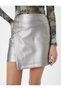 Mini Shiny Skirt Double Breasted Silver Foil Coated Asymmetrical Cut - 5