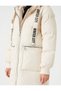 Long Puffer Jacket Zippered Pocket Detailed Hooded Slogan Printed - 5
