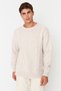 White Oversize Wide Fit Crew Neck Hair Braided Knitwear Sweater Tmnaw23Kz00280 - 3