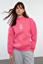 Fuchsia Thick Fleece Inside Slogan Embroidery High Collar Regular Cut Knitted Sweatshirt Twoaw21Sw0019