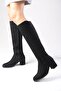 Black Color Suede Side Zipper, Thin Faux Fur Lined Women's Heeled Boots - 4