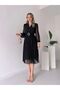 New Season Women's Double-Breasted Neck Lined Belted Tulle Midi Chiffon Dress