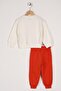 Crew Neck Long Sleeve Kangaroo Printed Ecru Color Girl's Two Piece Set - 2