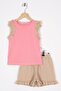 Crew Neck Zero Sleeve Ruffle Shorts Light Pink Dark Beige Color Girls' Double Suit