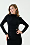 Flexible Sandy Fabric Detailed High Collar Long Sleeve Midi Length Black Pencil Dress 10941 - 4