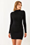 Women's Black Front Gathered Mini Dress 60251843 - 6