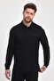 Men's Long Basic Polo Neck Plain Black Sweatshirt with Pockets - 5