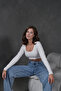 Women's Ecru Open Collar Long Sleeve Ribbed Knitted Crop Blouse 28209 - 5