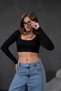 Women's Black Open Collar Long Sleeve Ribbed Knitted Crop Blouse 28209 - 5