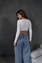 Women's Ecru Open Collar Long Sleeve Ribbed Knitted Crop Blouse 28209 - 6