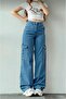 Alya Dark Blue Cargo Loose Back Pocketless Lycra Super High Waist Jean Trousers - 3