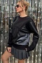 Oversize Loose Cut Leather and Crystal Stone Detailed Plus Size Three Thread Cotton Comfortable Stylish Black Women's Sweatshirt - 3