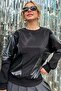 Oversize Loose Cut Leather and Crystal Stone Detailed Plus Size Three Thread Cotton Comfortable Stylish Black Women's Sweatshirt - 5