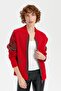 Women's High Collar Woolen Jacket with Floral Pattern on the Back and Sleeves, Coral - 5