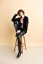 Women's Prevailing Collar Back and Sleeve Flower Patterned Wool Jacket Black - 4