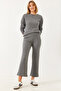 Women's Anthracite Crew Neck Basic Top and Bottom Set 0036 60251871 - 2