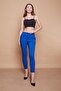 High Waist Thick Belted Pockets Narrow Leg Ankle Length Cotton Stretch Fabric Fabric Trousers- Cobalt - 3