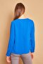 V-Neck Pleated Collar Long Sleeve Lycra-Free Stylish Shirt Fabric Comfortable Cut Blouse-Sax - 5